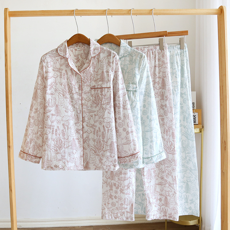 Pijamski set - čista pamučna gaža, tanka tkanina, dugi rukavi, dugi hlače, slobodan kroj, za kućnu upotrebu, proljeće