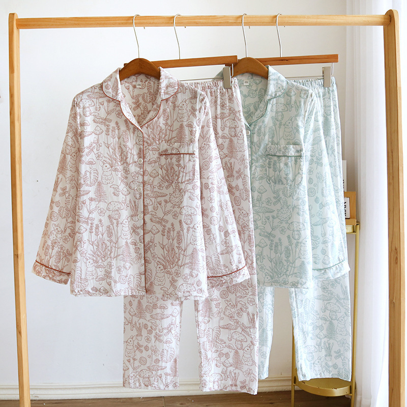 Pijamski set - čista pamučna gaža, tanka tkanina, dugi rukavi, dugi hlače, slobodan kroj, za kućnu upotrebu, proljeće