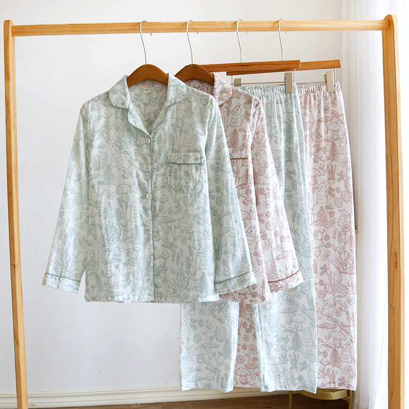 Pijamski set - čista pamučna gaža, tanka tkanina, dugi rukavi, dugi hlače, slobodan kroj, za kućnu upotrebu, proljeće