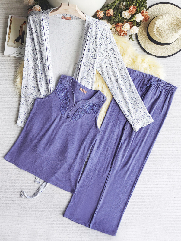 Set de pijamă pentru femei, trei piese, plus size, dantelă, decolteu în V, pulover cu mâneci lungi, pantaloni lungi; material: poliester-bumbac; compoziție 90–95% poliester