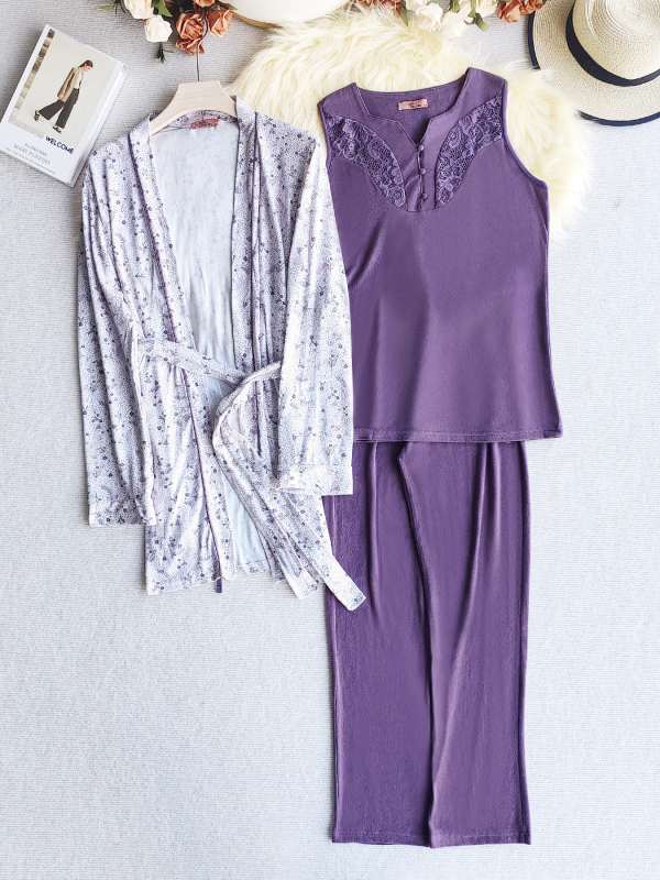 Set de pijamă pentru femei, trei piese, plus size, dantelă, decolteu în V, pulover cu mâneci lungi, pantaloni lungi; material: poliester-bumbac; compoziție 90–95% poliester