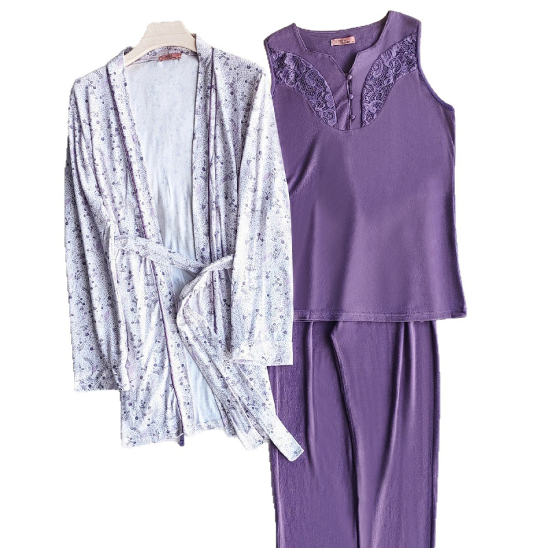 Set de pijamă pentru femei, trei piese, plus size, dantelă, decolteu în V, pulover cu mâneci lungi, pantaloni lungi; material: poliester-bumbac; compoziție 90–95% poliester