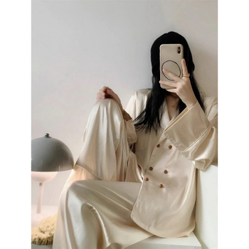 Ženski pijama set od ice silk, francuski stil, proljeće–jesen, Instagram stil, dugi rukavi