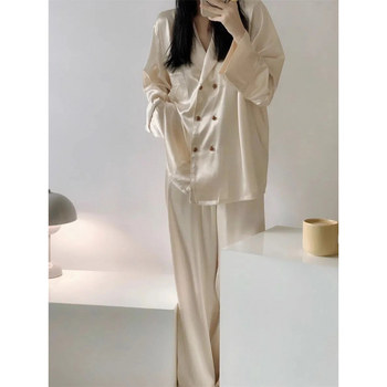 Ženski pijama set od ice silk, francuski stil, proljeće–jesen, Instagram stil, dugi rukavi