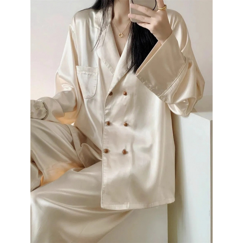 Ženski pijama set od ice silk, francuski stil, proljeće–jesen, Instagram stil, dugi rukavi
