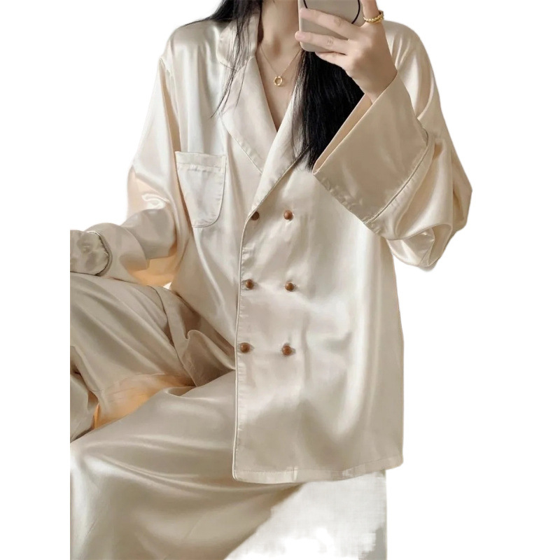 Ženski pijama set od ice silk, francuski stil, proljeće–jesen, Instagram stil, dugi rukavi
