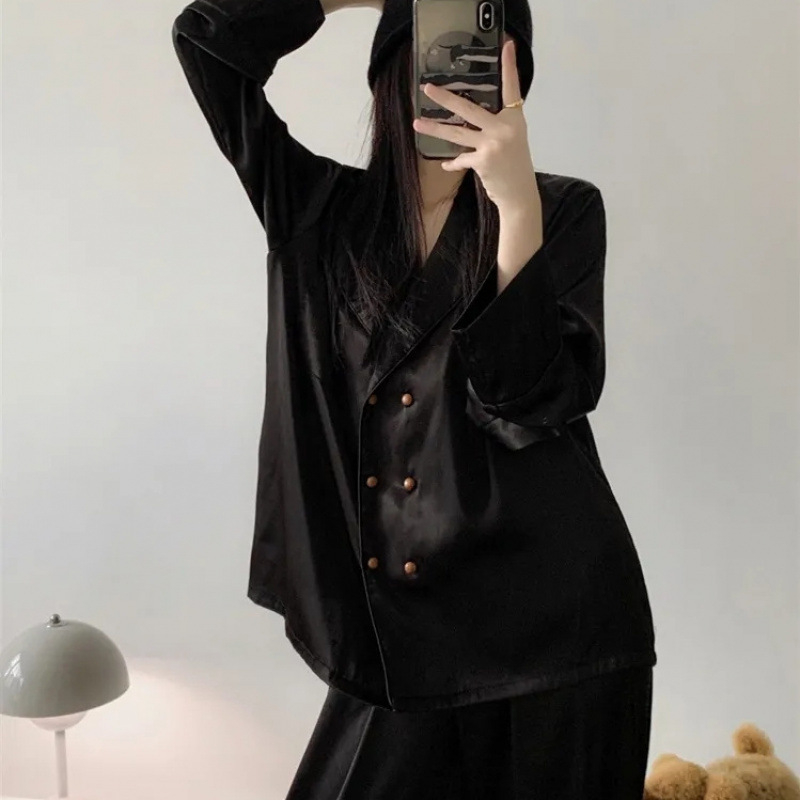Ženski pijama set od ice silk, francuski stil, proljeće–jesen, Instagram stil, dugi rukavi