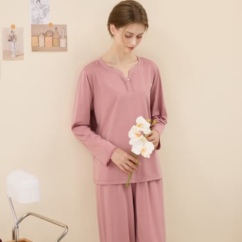 Ženski pleteni set pidžama od Lenzing modal pamuka s dugim rukavima i pantalonama, elegantan jednobojan kućni odjevni komad s čipkom