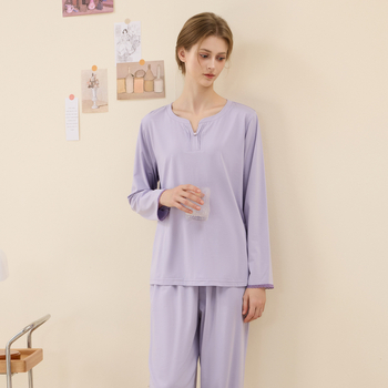 Ženski pleteni set pidžama od Lenzing modal pamuka s dugim rukavima i pantalonama, elegantan jednobojan kućni odjevni komad s čipkom
