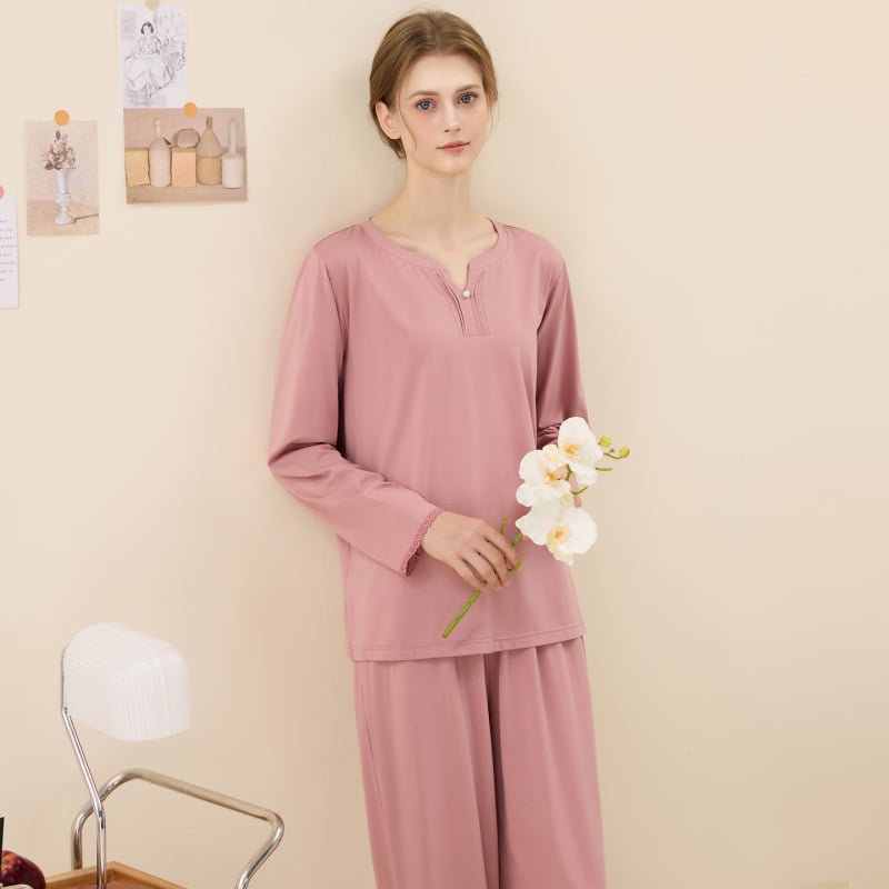 Ženski pleteni set pidžama od Lenzing modal pamuka s dugim rukavima i pantalonama, elegantan jednobojan kućni odjevni komad s čipkom