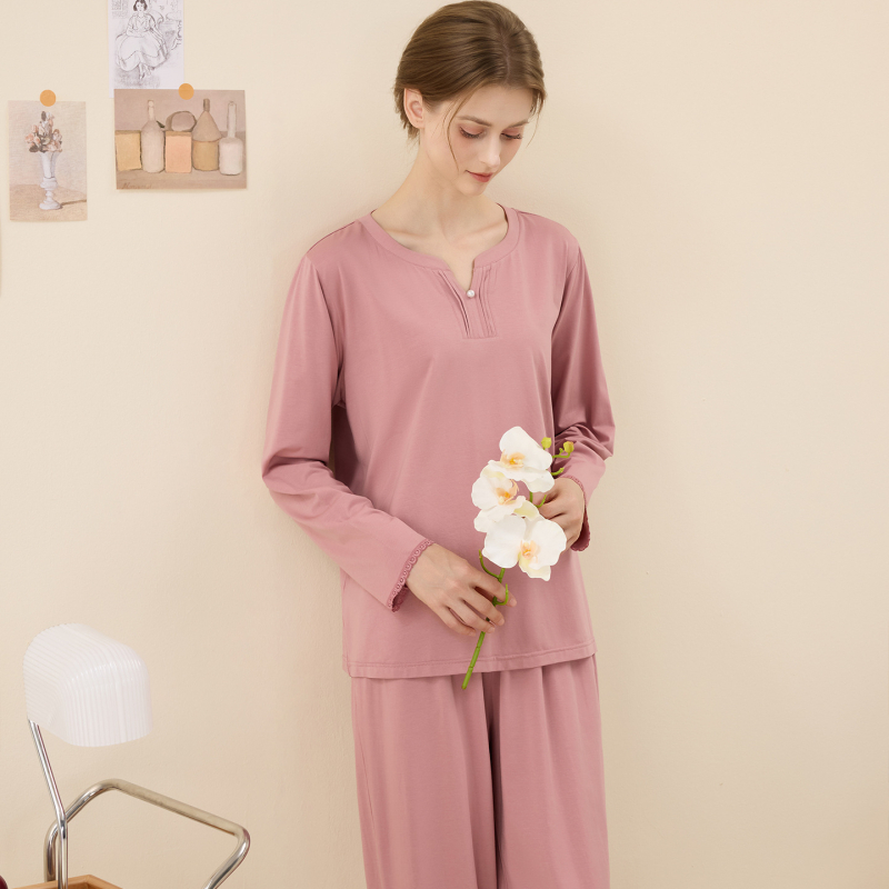 Ženski pleteni set pidžama od Lenzing modal pamuka s dugim rukavima i pantalonama, elegantan jednobojan kućni odjevni komad s čipkom