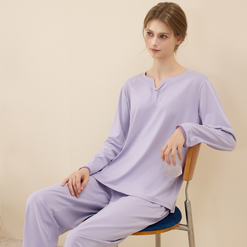 Ženski pleteni set pidžama od Lenzing modal pamuka s dugim rukavima i pantalonama, elegantan jednobojan kućni odjevni komad s čipkom