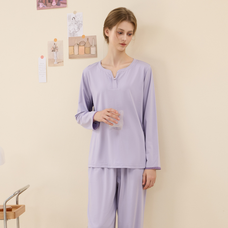 Ženski pleteni set pidžama od Lenzing modal pamuka s dugim rukavima i pantalonama, elegantan jednobojan kućni odjevni komad s čipkom