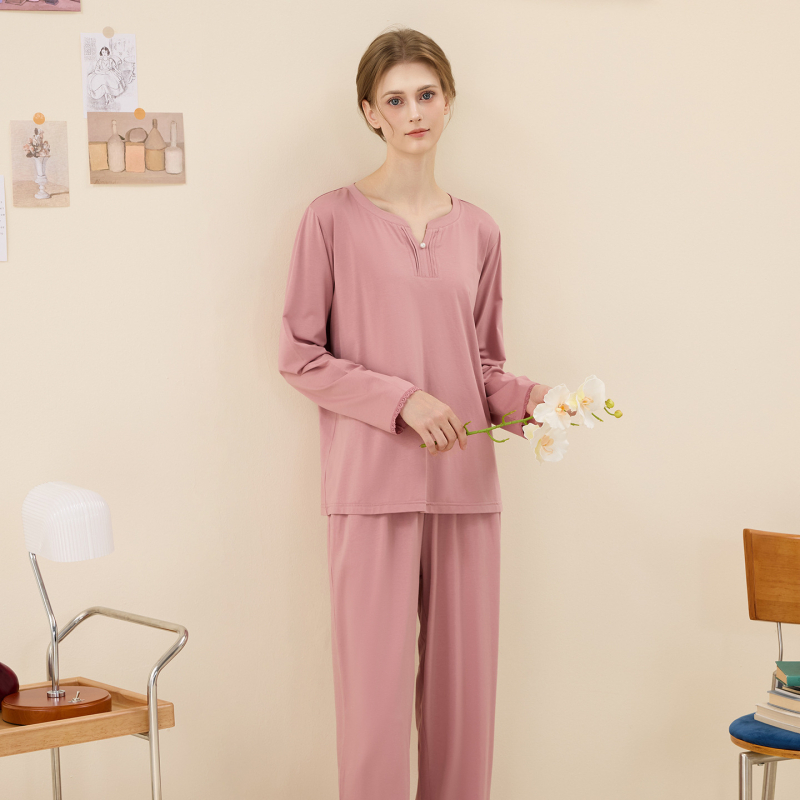 Ženski pleteni set pidžama od Lenzing modal pamuka s dugim rukavima i pantalonama, elegantan jednobojan kućni odjevni komad s čipkom