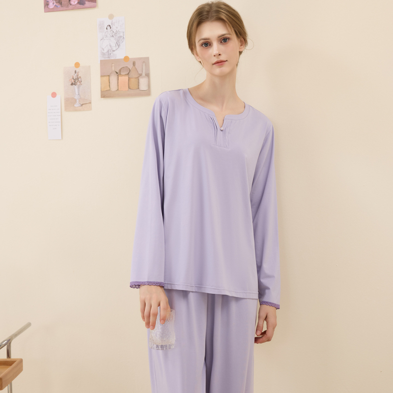 Ženski pleteni set pidžama od Lenzing modal pamuka s dugim rukavima i pantalonama, elegantan jednobojan kućni odjevni komad s čipkom