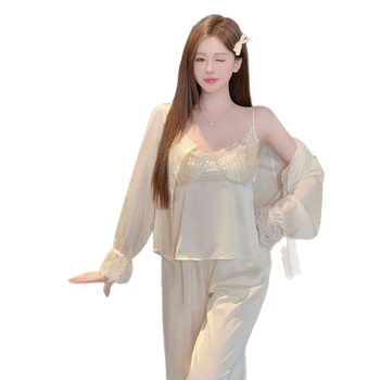 Ženski trodjelni pijama set od Ice Silk — top s okruglim izrezom, dugi rukavi, hlače; Ice Silk, 90–95% poliester