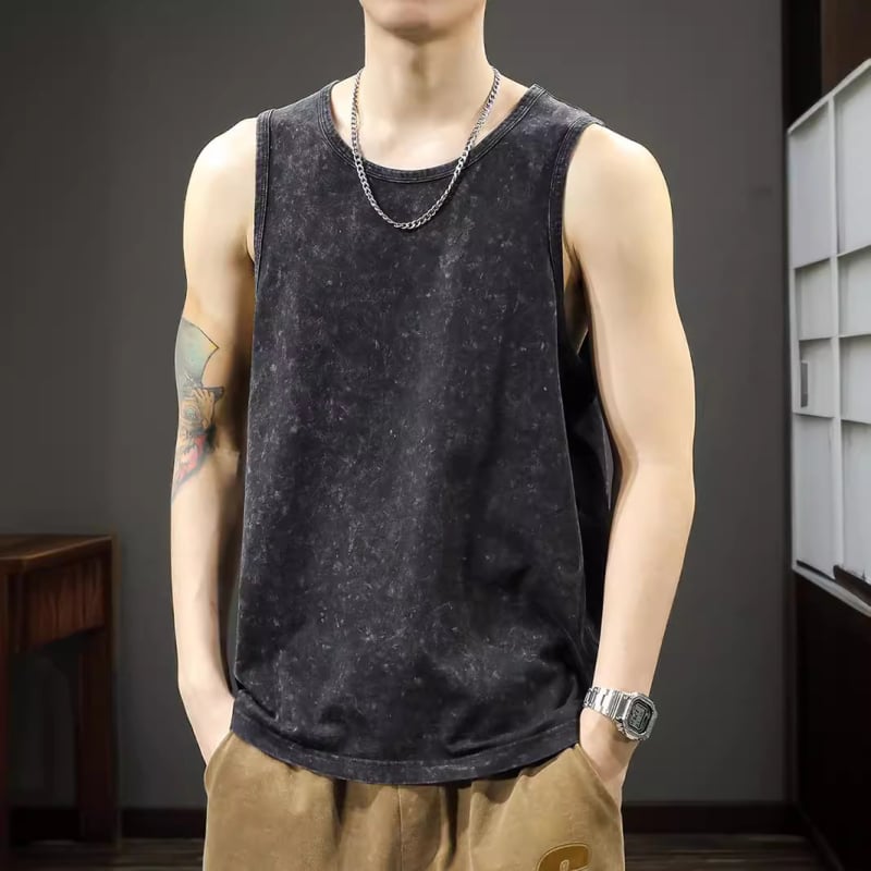 Muški ljetni bezrukavni T-shirt-vest, opuštena silueta, moderni retro isprani efekt.