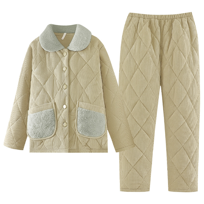 Ženske pidžame od corduroya, trostruko quilted – debele, ekstra debele 401-500 g/m2, ovratnik s reverom, dugi rukavi