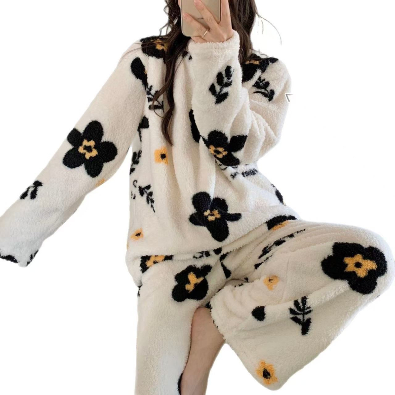 Ženski set pidžama od Snowflake Velvet, mašnica i minimalistički stil, debeli materijal 251–300 g/m2, okrugli izrez, dugi rukavi, top i hlače