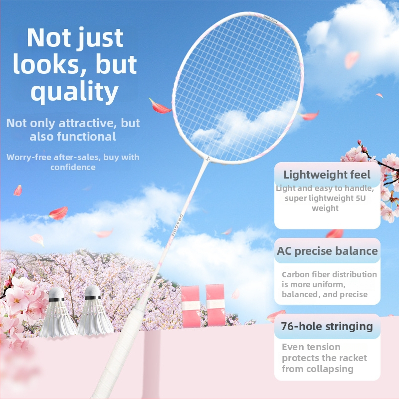 Raketa za badminton, okvir od karbonskih vlakana, ultra lagana 75–79 g, cijela karbonska konstrukcija, držač G5, ravni vrat, ofenzivni stil igre za amatere i srednje napredne igrače