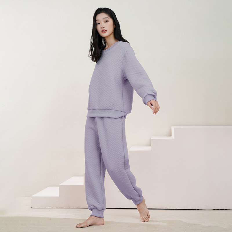 Ženski pidžama set za jesen/zimu, prozračni pamuk Air Cotton, debeli quilt, dugi rukavi, okrugli ovratnik, hlače, kućna odjeća