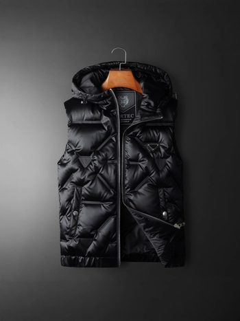Muški down vest s kapuljačom, punjenje od bijelog patka downa 150–200 g, vanjski poliester i podstava, zatvarač, zimska casual odjeća