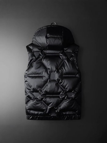 Muški down vest s kapuljačom, punjenje od bijelog patka downa 150–200 g, vanjski poliester i podstava, zatvarač, zimska casual odjeća