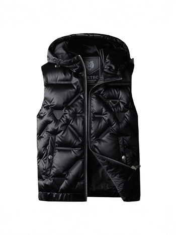 Muški down vest s kapuljačom, punjenje od bijelog patka downa 150–200 g, vanjski poliester i podstava, zatvarač, zimska casual odjeća