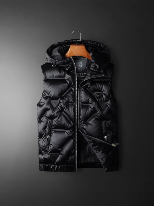 Muški down vest s kapuljačom, punjenje od bijelog patka downa 150–200 g, vanjski poliester i podstava, zatvarač, zimska casual odjeća