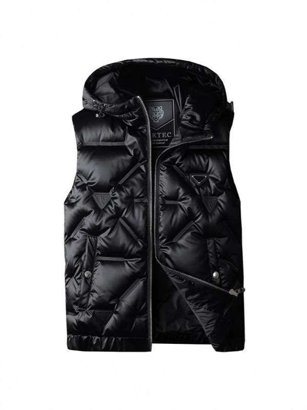 Muški down vest s kapuljačom, punjenje od bijelog patka downa 150–200 g, vanjski poliester i podstava, zatvarač, zimska casual odjeća