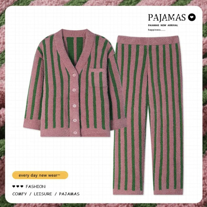 Dva dijela set pidžame: kardigan i hlače od pliš velura, gust materijal, V-izrez, dugi rukavi, minimalistička udobna kućna odjeća za jesen-zimu