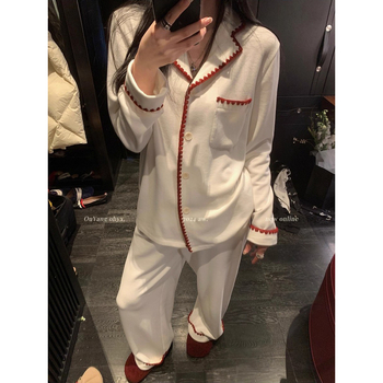 Σετ πιτζάμες γυναικών από ύφασμα Derong βελούδο, γιακάς με πέτο, πολυεστέρας 90–95%, βάρος 251–300 g/m², μακριά μανίκια