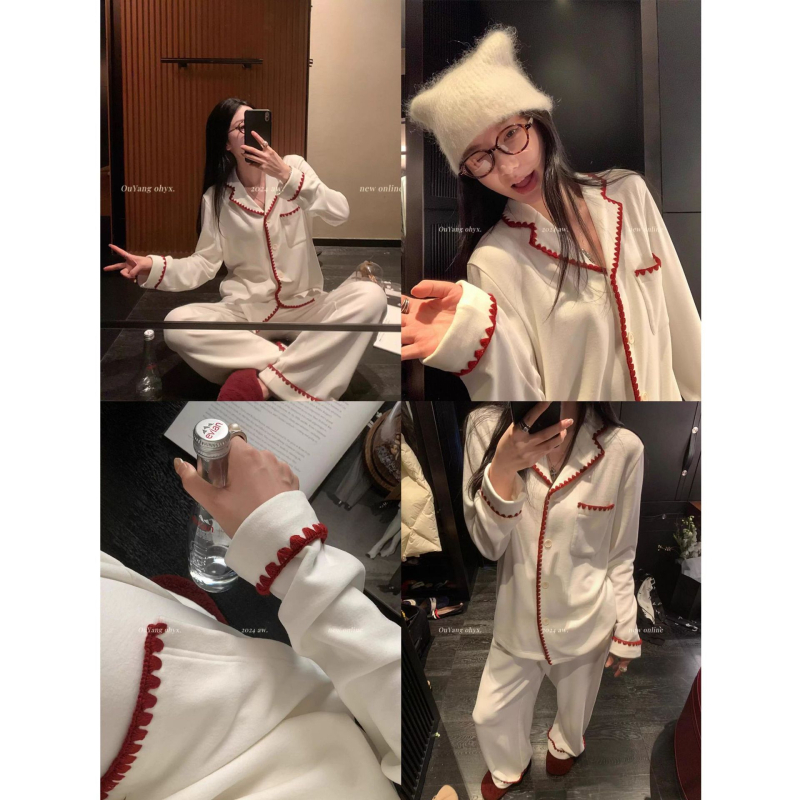 Σετ πιτζάμες γυναικών από ύφασμα Derong βελούδο, γιακάς με πέτο, πολυεστέρας 90–95%, βάρος 251–300 g/m², μακριά μανίκια