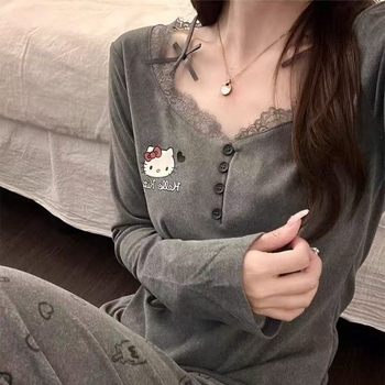 Derong baršun pijama set za žene - osnovni i etnički stil, dugi rukavi, antistatijski, proljeće kućna odjeća