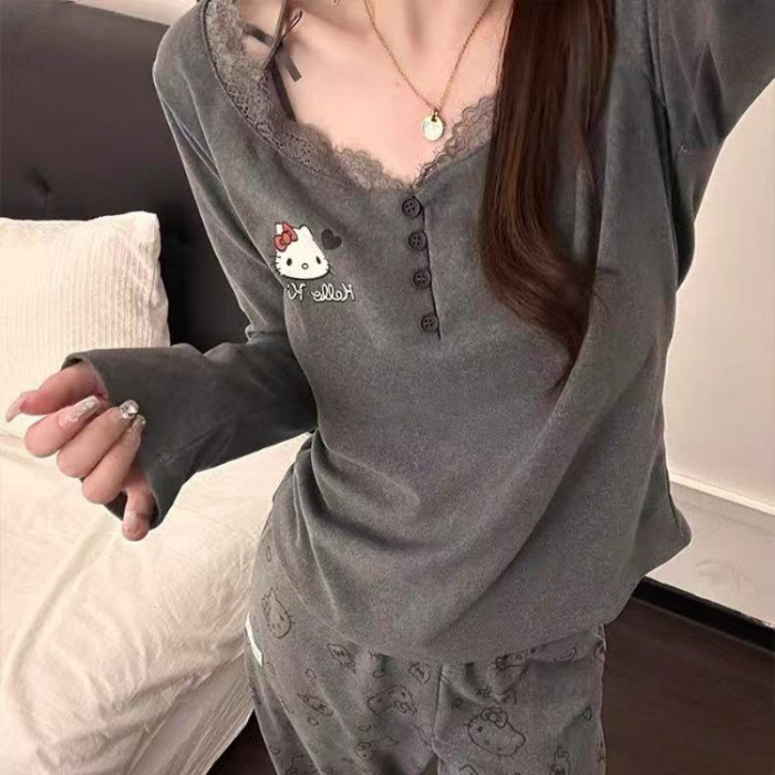 Derong baršun pijama set za žene - osnovni i etnički stil, dugi rukavi, antistatijski, proljeće kućna odjeća