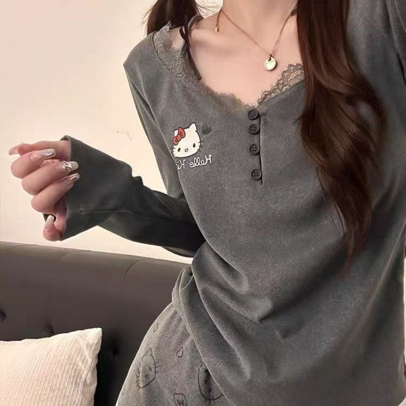 Derong baršun pijama set za žene - osnovni i etnički stil, dugi rukavi, antistatijski, proljeće kućna odjeća