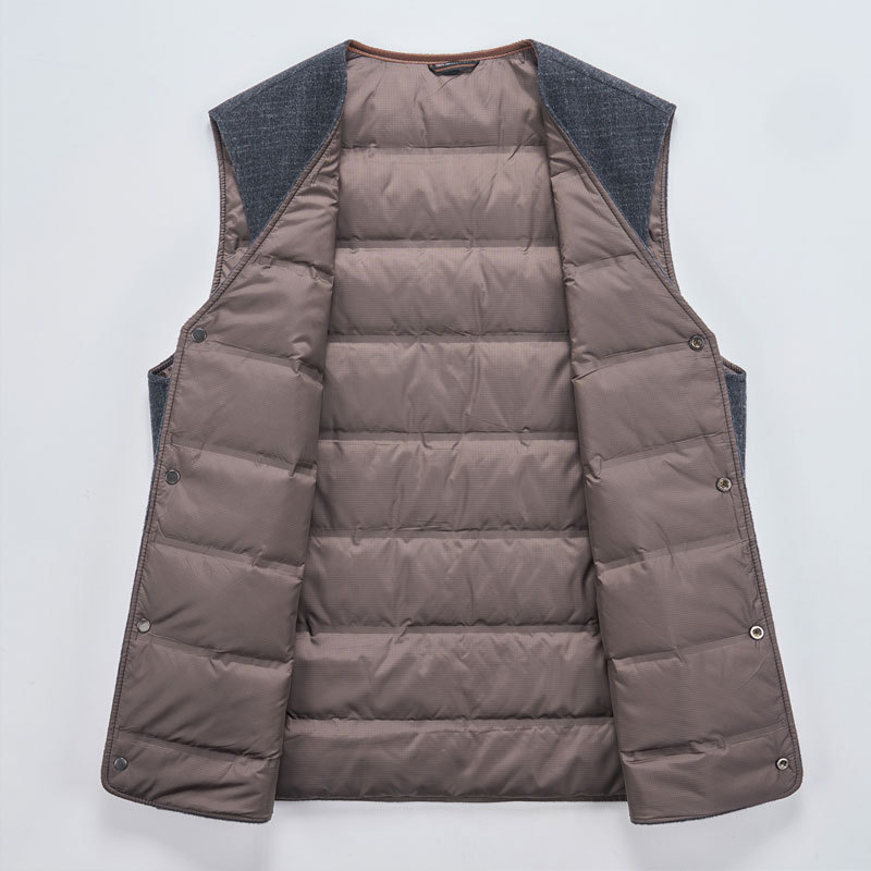 Muška vunena puffer vesta bez rukava, V-dekolte, jednostruko kopčanje, tijesni kroj, punjenje bijelim patka perjem
