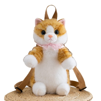 Păpușă pluș pisicuă cu rucsac, umplutură PP bumbac, ambalaj plasă, personalizare disponibilă