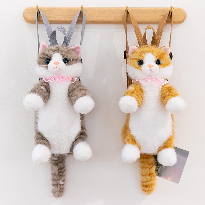 Păpușă pluș pisicuă cu rucsac, umplutură PP bumbac, ambalaj plasă, personalizare disponibilă