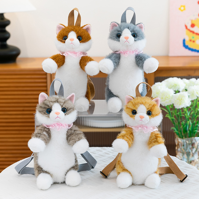 Păpușă pluș pisicuă cu rucsac, umplutură PP bumbac, ambalaj plasă, personalizare disponibilă