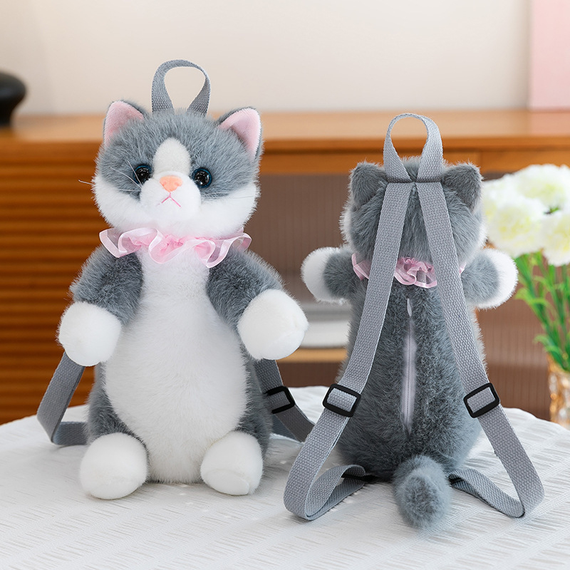 Păpușă pluș pisicuă cu rucsac, umplutură PP bumbac, ambalaj plasă, personalizare disponibilă