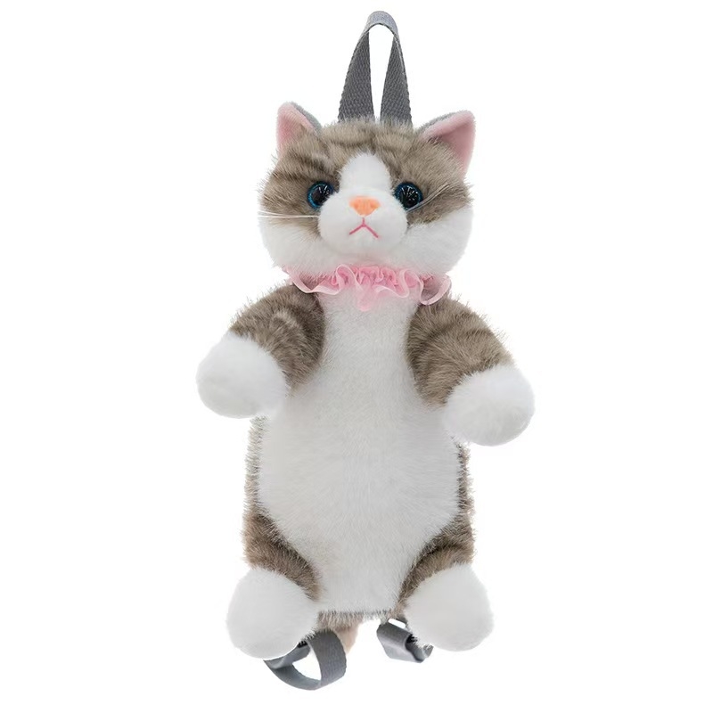 Păpușă pluș pisicuă cu rucsac, umplutură PP bumbac, ambalaj plasă, personalizare disponibilă