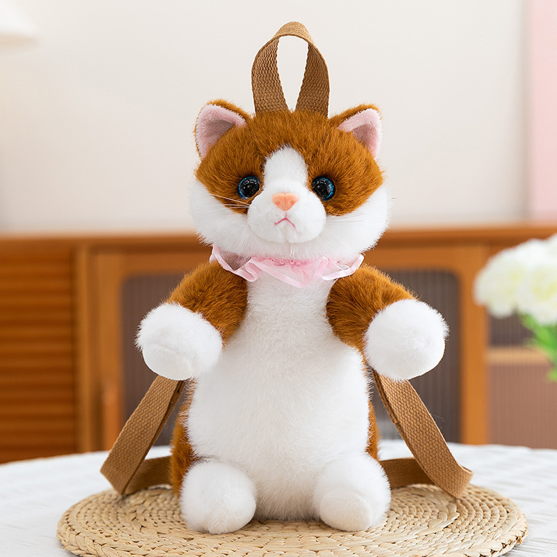 Păpușă pluș pisicuă cu rucsac, umplutură PP bumbac, ambalaj plasă, personalizare disponibilă