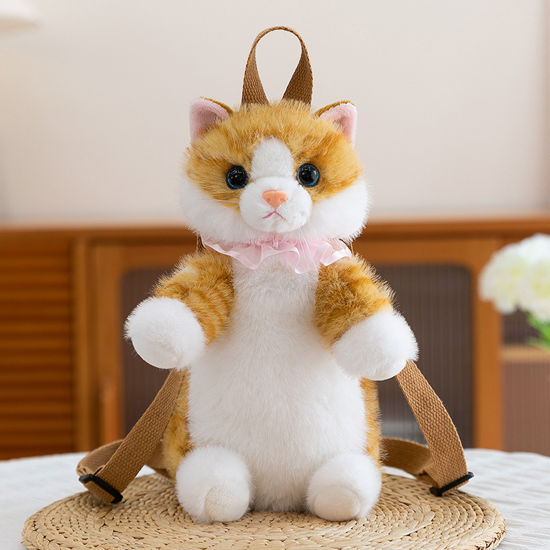 Păpușă pluș pisicuă cu rucsac, umplutură PP bumbac, ambalaj plasă, personalizare disponibilă