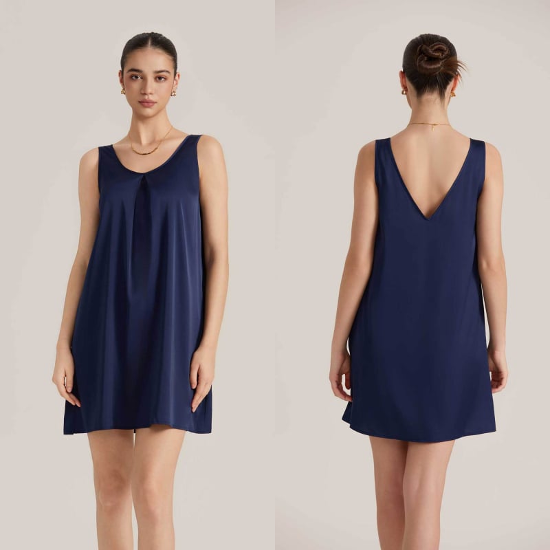 Bez rukava noćna haljina u camisole stilu s V-dekolteom, imitacija svile, poliester, ultratanki materijal 81–100 g/m², midi duljina