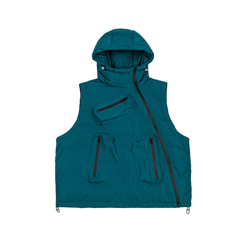 Vesta de puf cu fermoar diagonal, guler înălțat, croială lejeră, iarnă 2025; umplutură 86–90% (180 g)