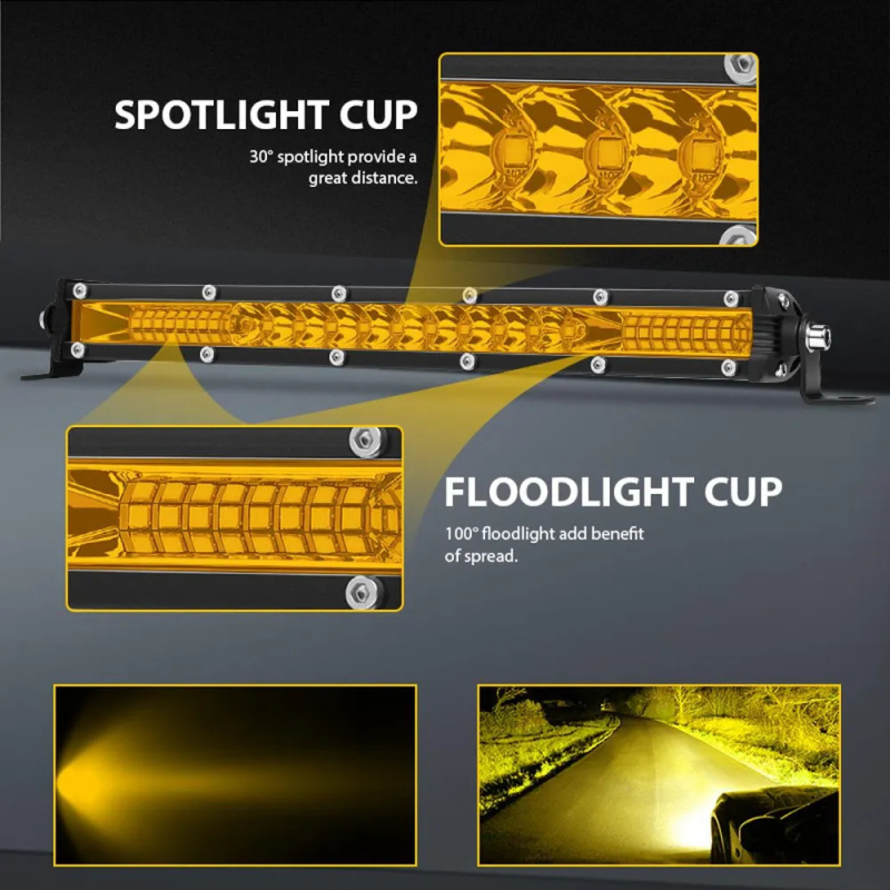 Žuto LED ultra-tanki jednoslojni dugi LED-prolazni svjetlosni trak za kamione i terenska vozila – montaža na krov, svjetlo prednje rešetke branika, 24V