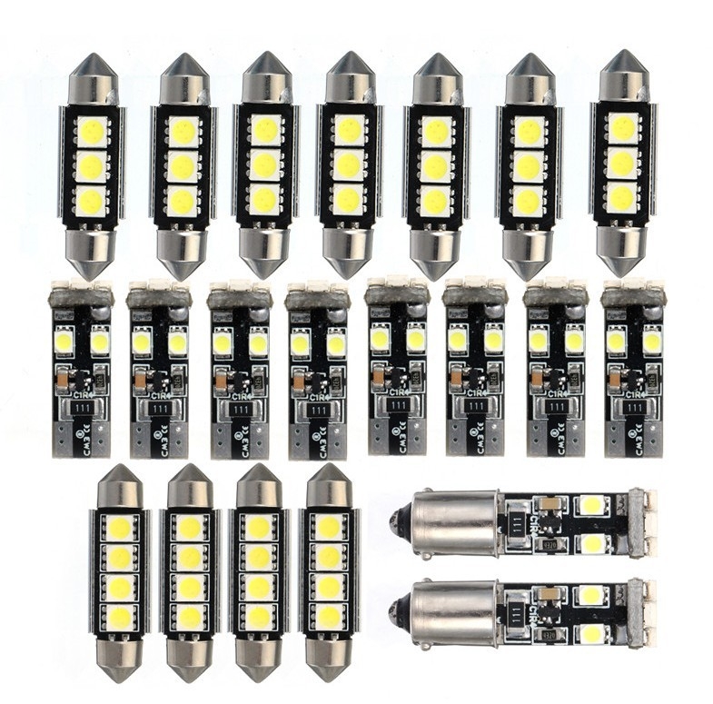 21-dijelni LED set za auto rasvjetu – uključuje T10 BA9S, dodatke 5050/1210, 12V, 6000K, parking svjetla i svjetla za čitanje