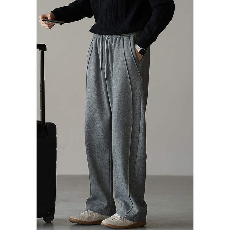 Pantaloni trening bărbați, croială dreaptă, amestec 50/50 bumbac-poliester, fleece gros, talie medie, micro-elasticitate, casual de iarnă 2025