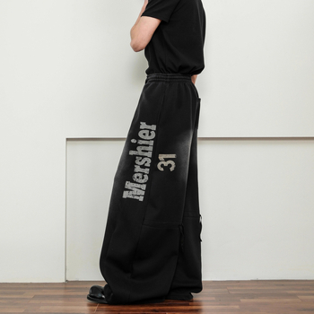 Primăvară 2025 Pantaloni trening cu print de litere uzate, croială lejeră, drepti, talie mediu-înaltă, material gros